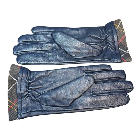Barbour Navy Tartan Trimmed Leather Gloves Small - Picture 4 of 6